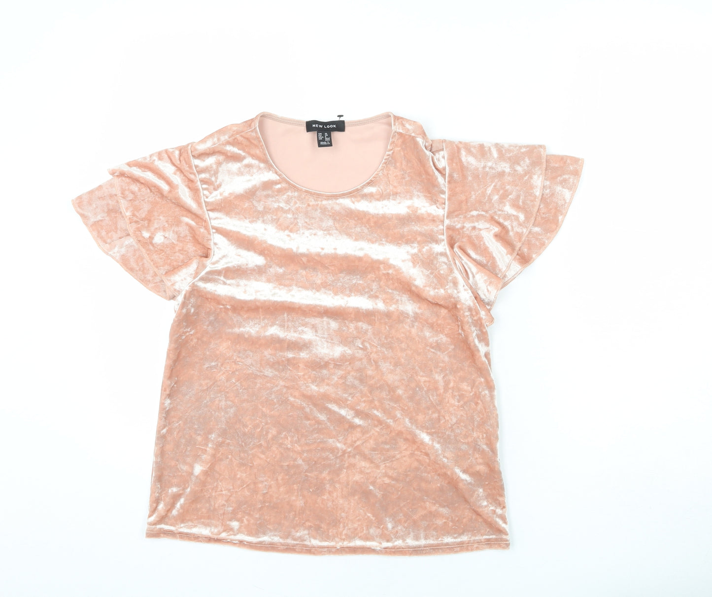 New Look Womens Pink Polyester Basic T-Shirt Size 10 Round Neck - Ruffle Sleeve