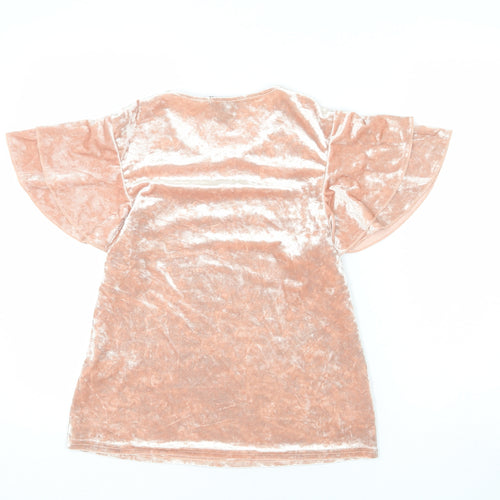 New Look Womens Pink Polyester Basic T-Shirt Size 10 Round Neck - Ruffle Sleeve