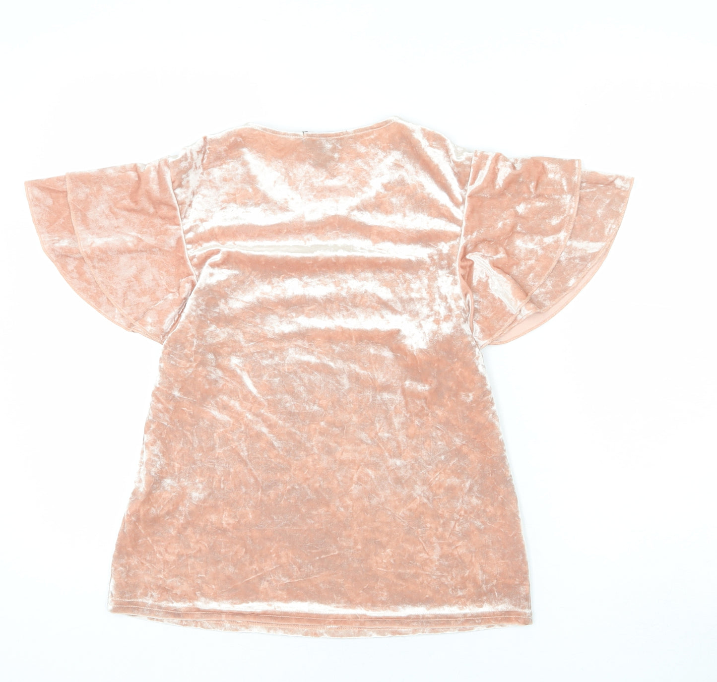 New Look Womens Pink Polyester Basic T-Shirt Size 10 Round Neck - Ruffle Sleeve
