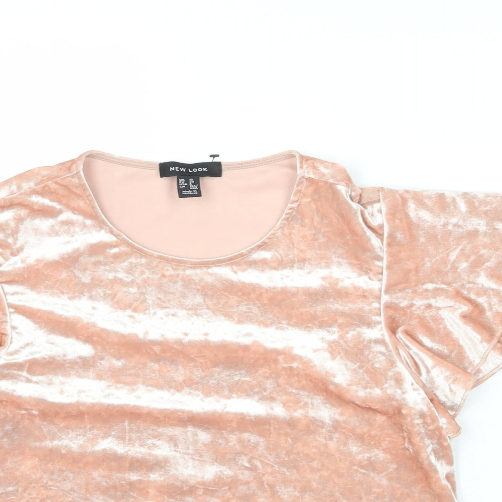 New Look Womens Pink Polyester Basic T-Shirt Size 10 Round Neck - Ruffle Sleeve