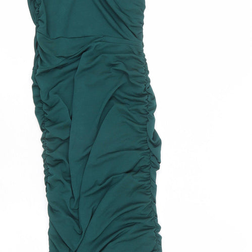 PRETTYLITTLETHING Womens Green Polyester Bodycon Size 4 One Shoulder Pullover - Ruched