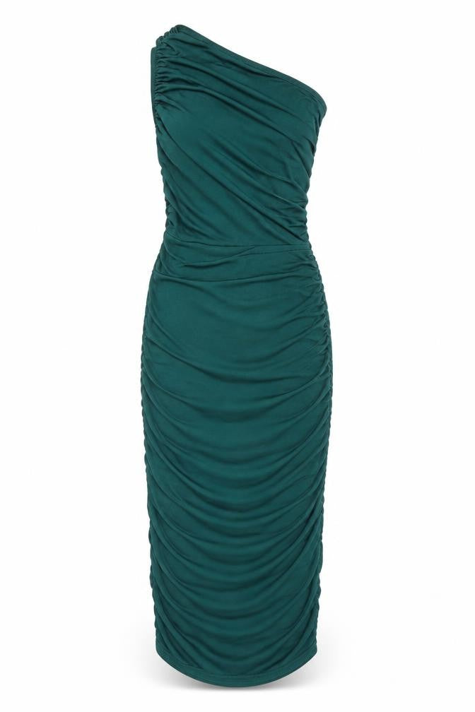 Front view of PRETTYLITTLETHING women’s green polyester bodycon, size UK 4, one shoulder pullover - ruched