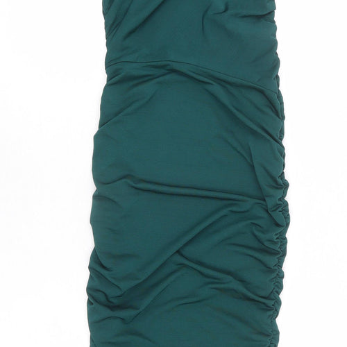 PRETTYLITTLETHING Womens Green Polyester Bodycon Size 4 One Shoulder Pullover - Ruched