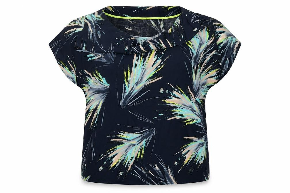 Front view of RJR.John Rocha women’s black geometric polyester basic blouse, size UK 18, cowl neck - cropped