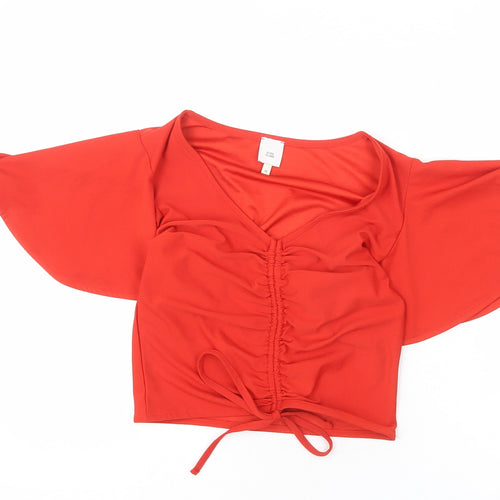 River Island Womens Red Polyester Cropped T-Shirt Size 10 V-Neck - Ruched Front, Tie Detail