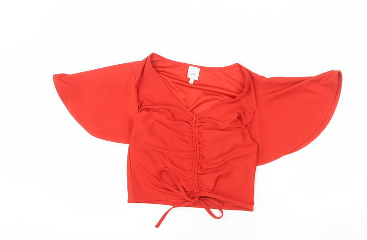 River Island Womens Red Polyester Cropped T-Shirt Size 10 V-Neck - Ruched Front, Tie Detail