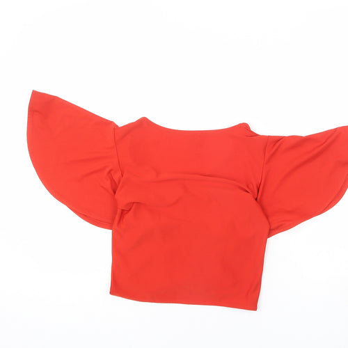 River Island Womens Red Polyester Cropped T-Shirt Size 10 V-Neck - Ruched Front, Tie Detail