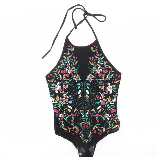 PRETTYLITTLETHING Womens Black Vinyl Bodysuit One-Piece Size 4 Snap - Floral Embroidery