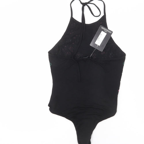 PRETTYLITTLETHING Womens Black Vinyl Bodysuit One-Piece Size 4 Snap - Floral Embroidery