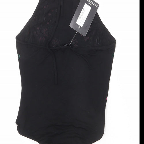 PRETTYLITTLETHING Womens Black Vinyl Bodysuit One-Piece Size 4 Snap - Floral Embroidery