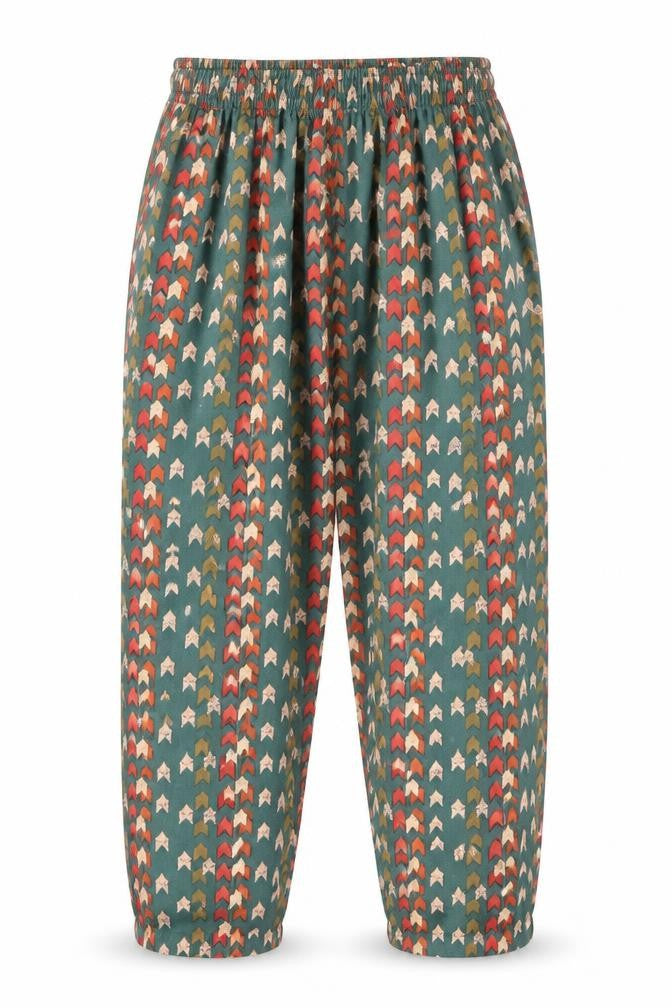 Front view of PRETTYLITTLETHING women’s multicoloured geometric polyester trousers, size UK 8, 24-inch leg regular drawstring