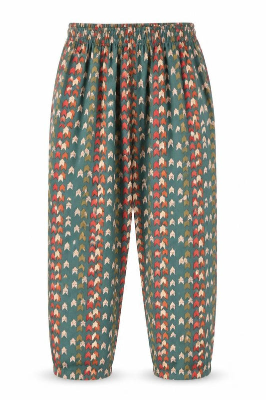 Front view of PRETTYLITTLETHING women’s multicoloured geometric polyester trousers, size UK 8, 24-inch leg regular drawstring