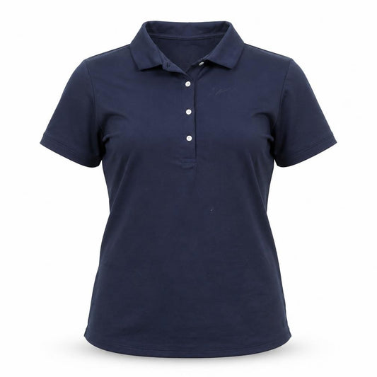 Front view of Decathlon women’s blue polyester basic polo, size S, collared button