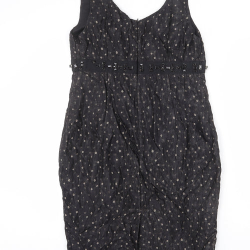 Phase Eight Womens Black Geometric Polyester A-Line Size 14 Scoop Neck Zip - Slit, Rhinestones
