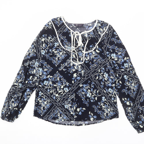 Marks and Spencer Womens Blue Floral Viscose Basic Blouse Size 10 Round Neck - Keyhole Cut Out