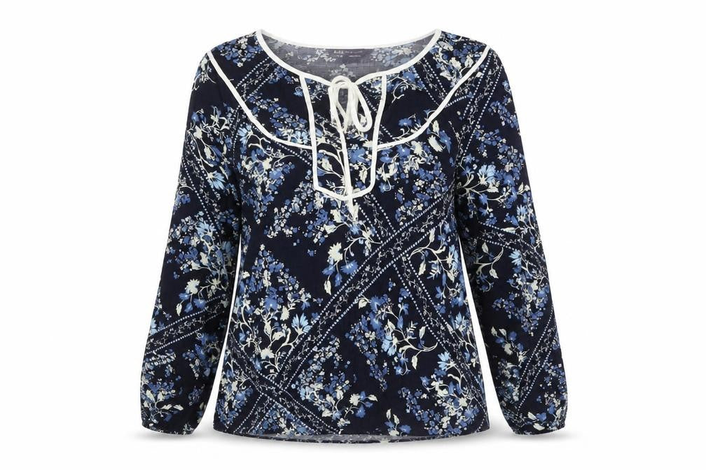 Front view of Marks & Spencer women’s blue floral viscose basic blouse, size UK 10, round neck - keyhole cut out