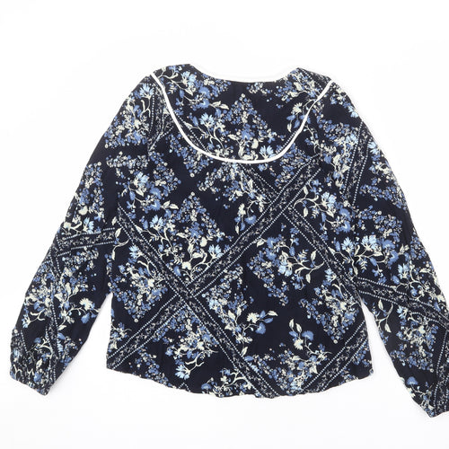 Marks and Spencer Womens Blue Floral Viscose Basic Blouse Size 10 Round Neck - Keyhole Cut Out