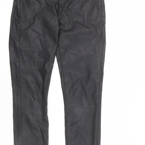 Topshop Womens Black Cotton Trousers Size 28 L30 in Regular Zip - Leather Look