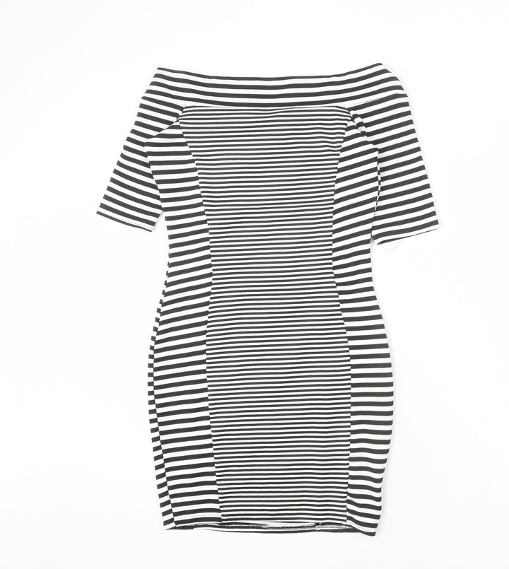 River Island Womens Black Striped Polyester Bodycon Size 10 Off the Shoulder Pullover