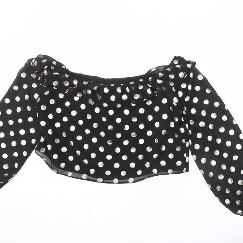 NEXT Womens Black Polka Dot Polyester Cropped Blouse Size 12 Off the Shoulder - Ruffle Detail