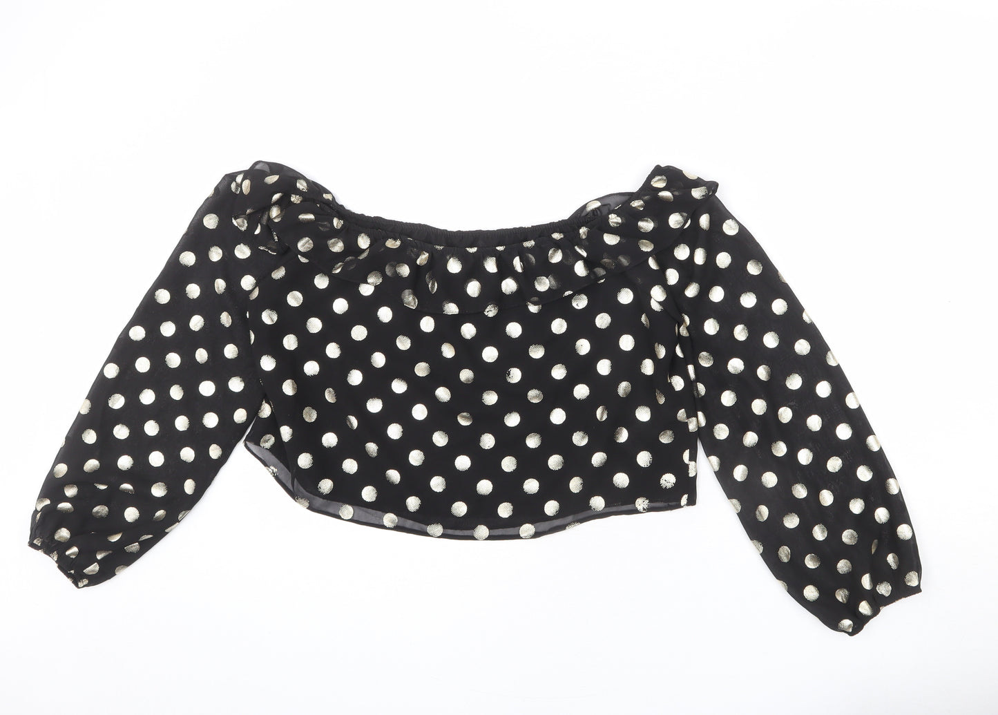 NEXT Womens Black Polka Dot Polyester Cropped Blouse Size 12 Off the Shoulder - Ruffle Detail