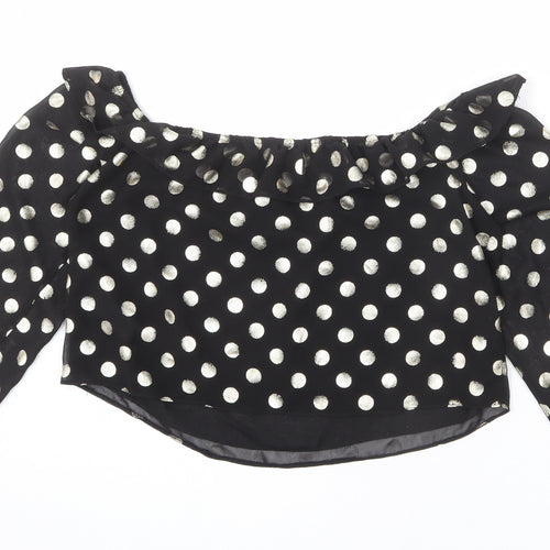 NEXT Womens Black Polka Dot Polyester Cropped Blouse Size 12 Off the Shoulder - Ruffle Detail