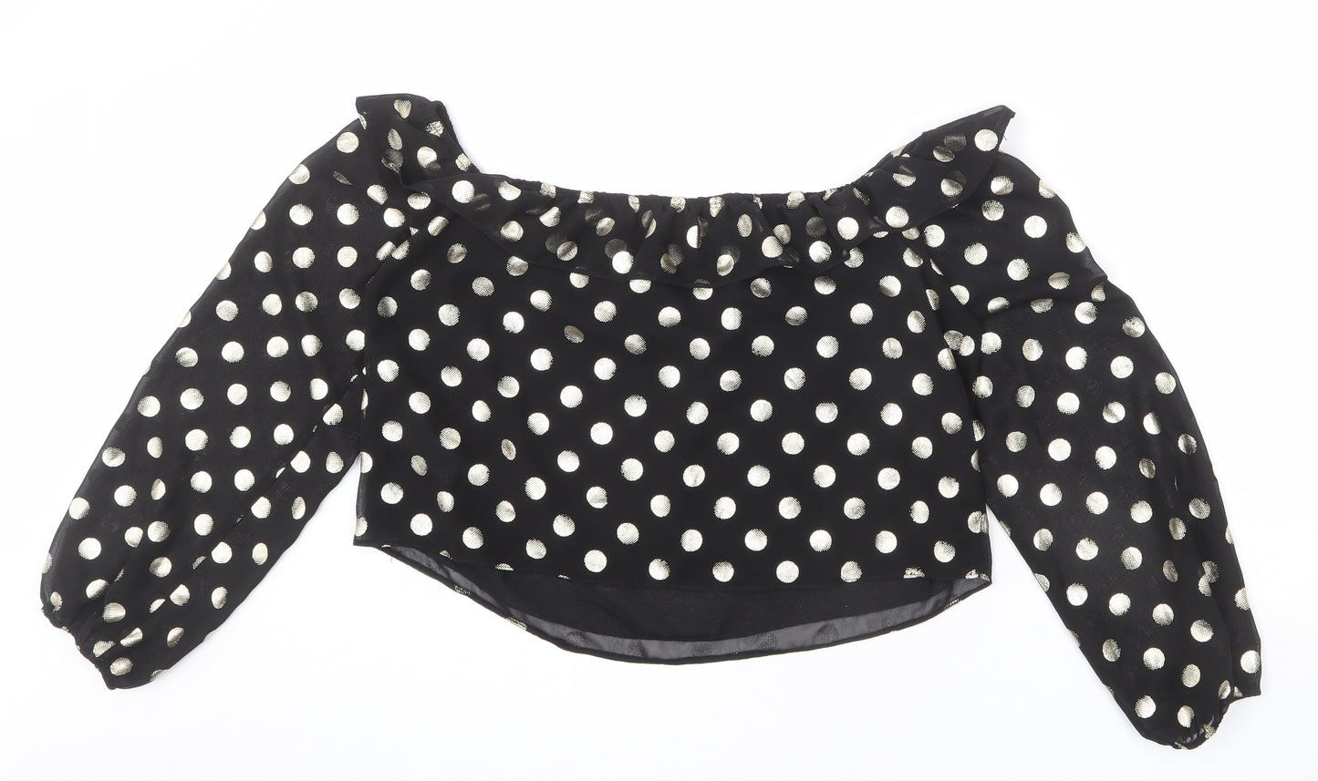 NEXT Womens Black Polka Dot Polyester Cropped Blouse Size 12 Off the Shoulder - Ruffle Detail