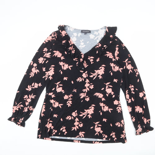 SOSANDAR Womens Black Floral Viscose Basic T-Shirt Size 16 V-Neck - Ruffle Detail