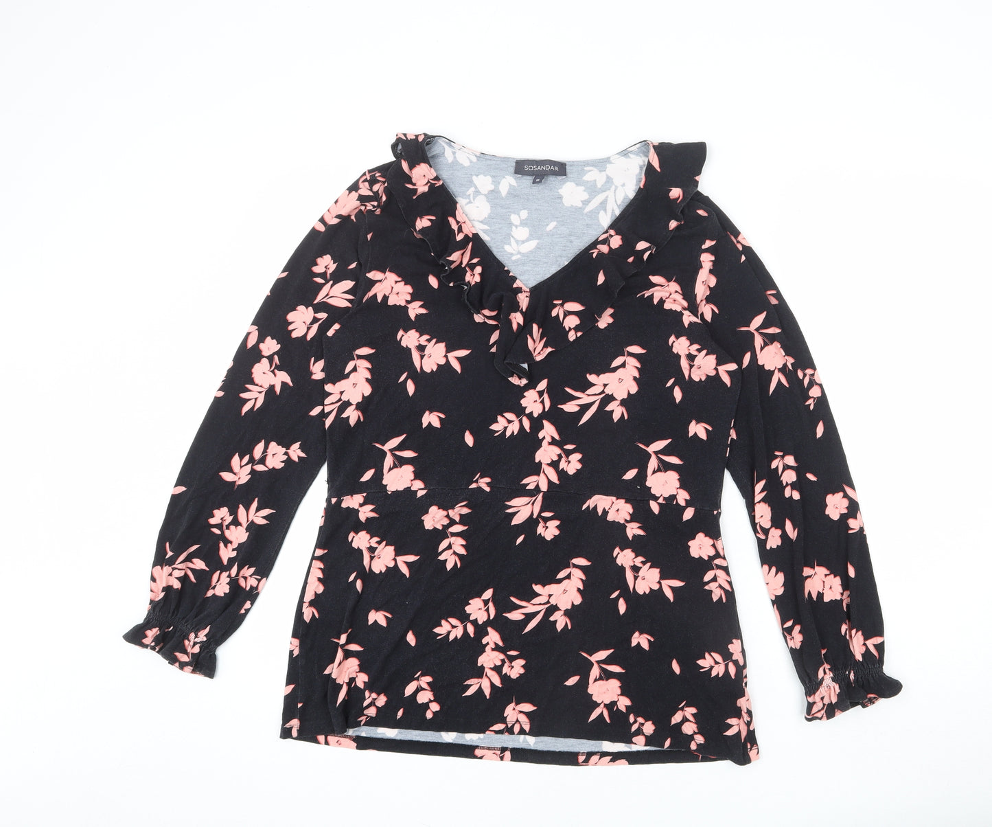 SOSANDAR Womens Black Floral Viscose Basic T-Shirt Size 16 V-Neck - Ruffle Detail