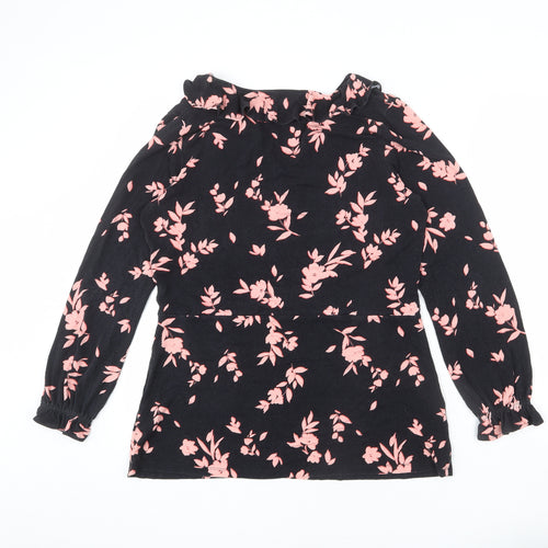 SOSANDAR Womens Black Floral Viscose Basic T-Shirt Size 16 V-Neck - Ruffle Detail