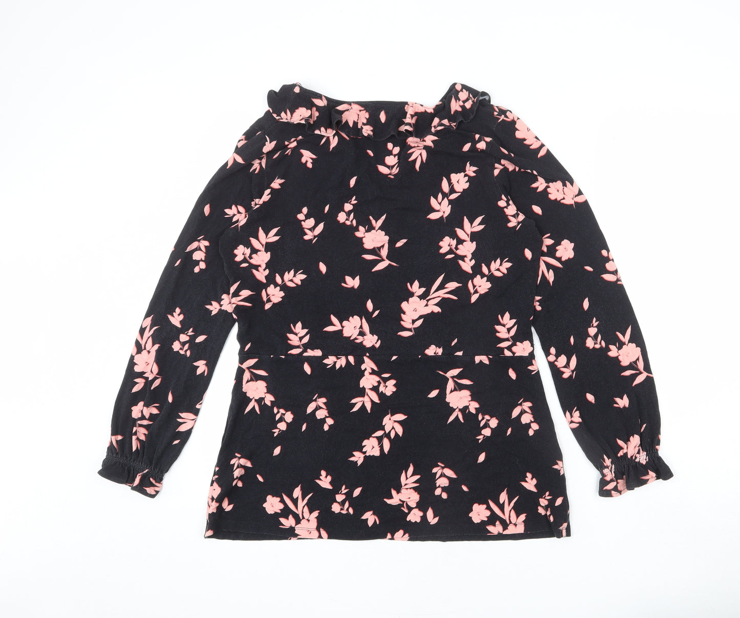 SOSANDAR Womens Black Floral Viscose Basic T-Shirt Size 16 V-Neck - Ruffle Detail