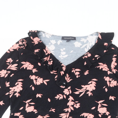 SOSANDAR Womens Black Floral Viscose Basic T-Shirt Size 16 V-Neck - Ruffle Detail