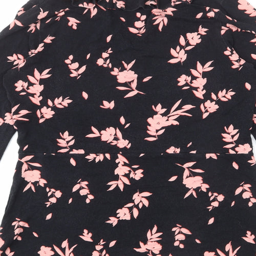 SOSANDAR Womens Black Floral Viscose Basic T-Shirt Size 16 V-Neck - Ruffle Detail