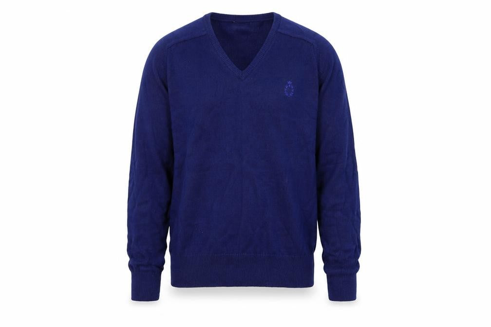 Front view of BHS men’s blue v-neck acrylic jumper, size L, long sleeve