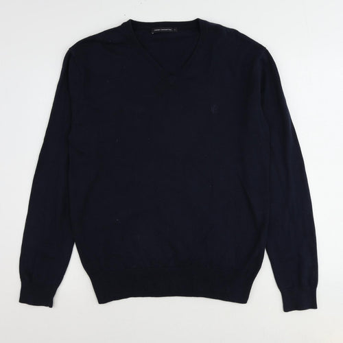 French Connection Mens Blue V-Neck Cotton Pullover Jumper Size L Long Sleeve
