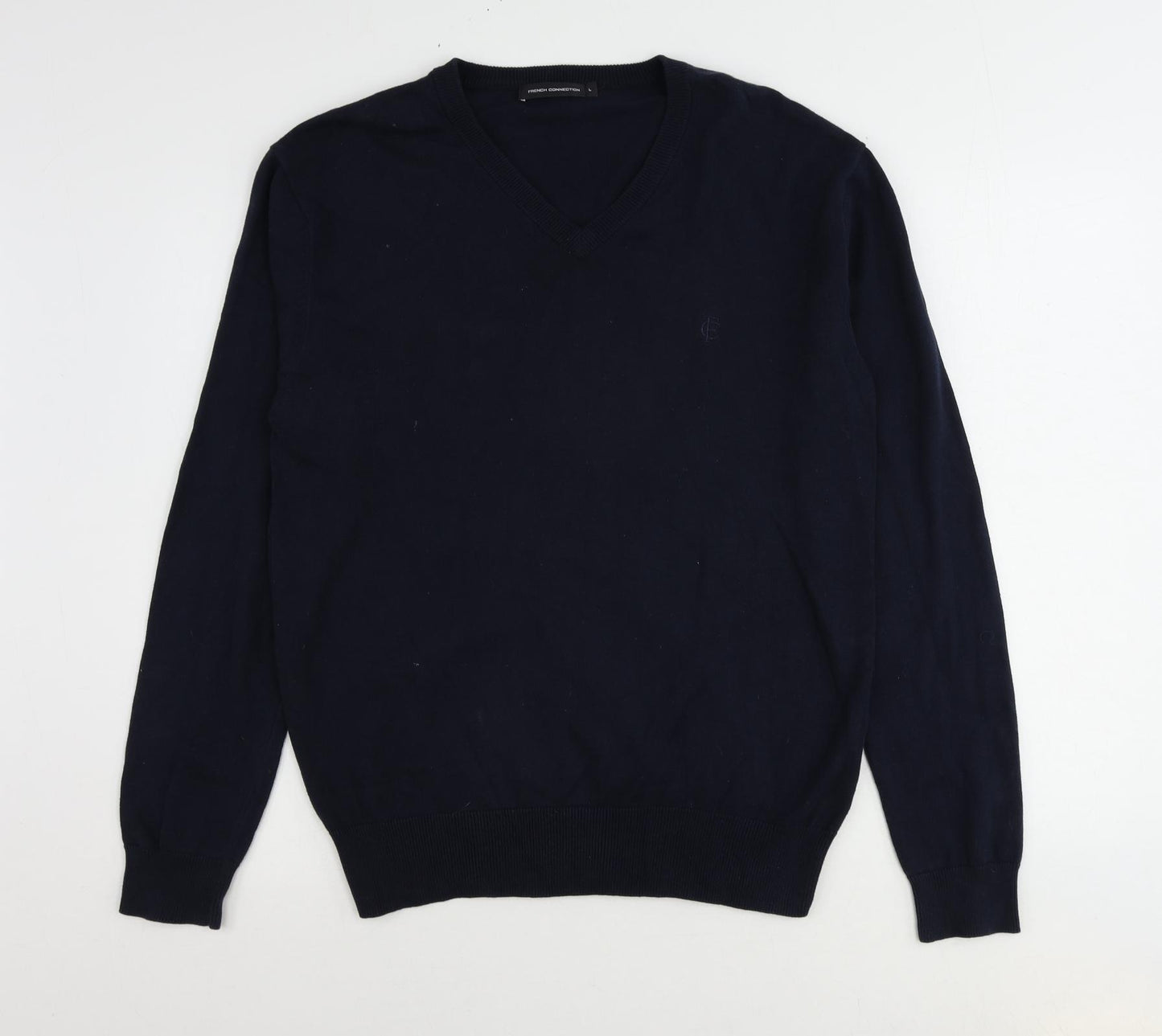 French Connection Mens Blue V-Neck Cotton Pullover Jumper Size L Long Sleeve