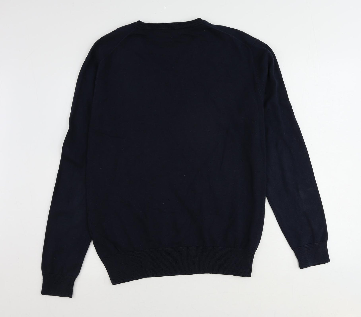 French Connection Mens Blue V-Neck Cotton Pullover Jumper Size L Long Sleeve