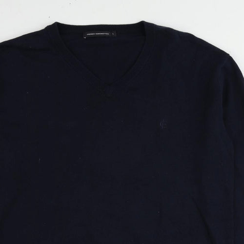 French Connection Mens Blue V-Neck Cotton Pullover Jumper Size L Long Sleeve
