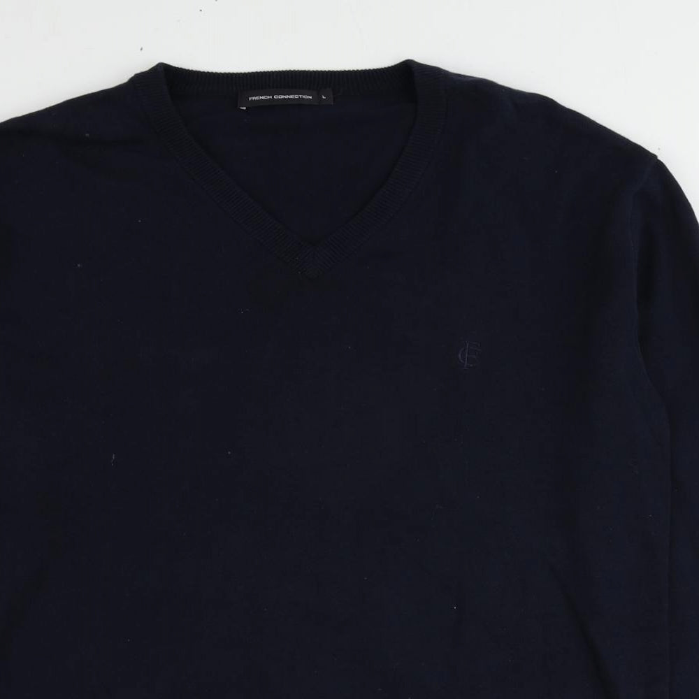 French Connection Mens Blue V-Neck Cotton Pullover Jumper Size L Long Sleeve