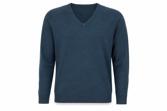 Front view of Autograph men’s blue v-neck acrylic jumper, size L, long sleeve