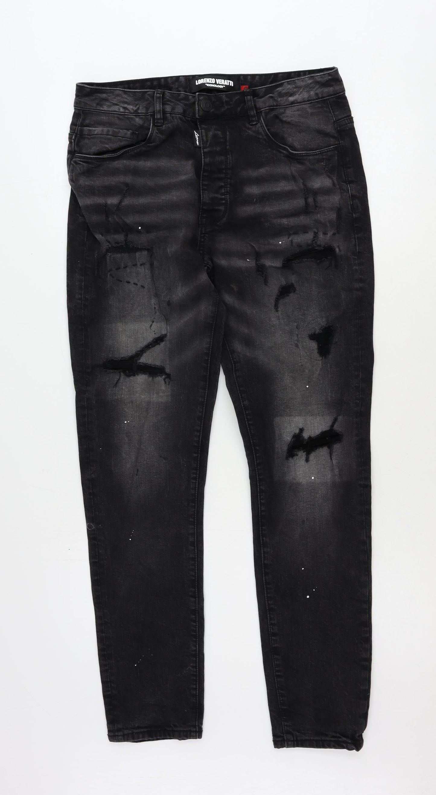 Lorenzo Veratti Mens Black Cotton Skinny Jeans Size 32 in L29 in Regular Zip - Splatter