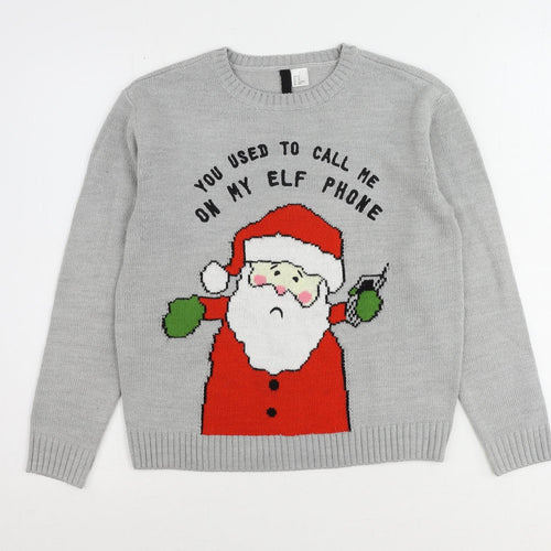 H&M Womens Grey Round Neck Acrylic Pullover Jumper Size XS - Santa Claus Slogan