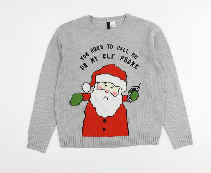 H&M Womens Grey Round Neck Acrylic Pullover Jumper Size XS - Santa Claus Slogan