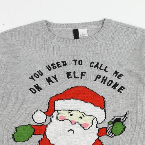 H&M Womens Grey Round Neck Acrylic Pullover Jumper Size XS - Santa Claus Slogan