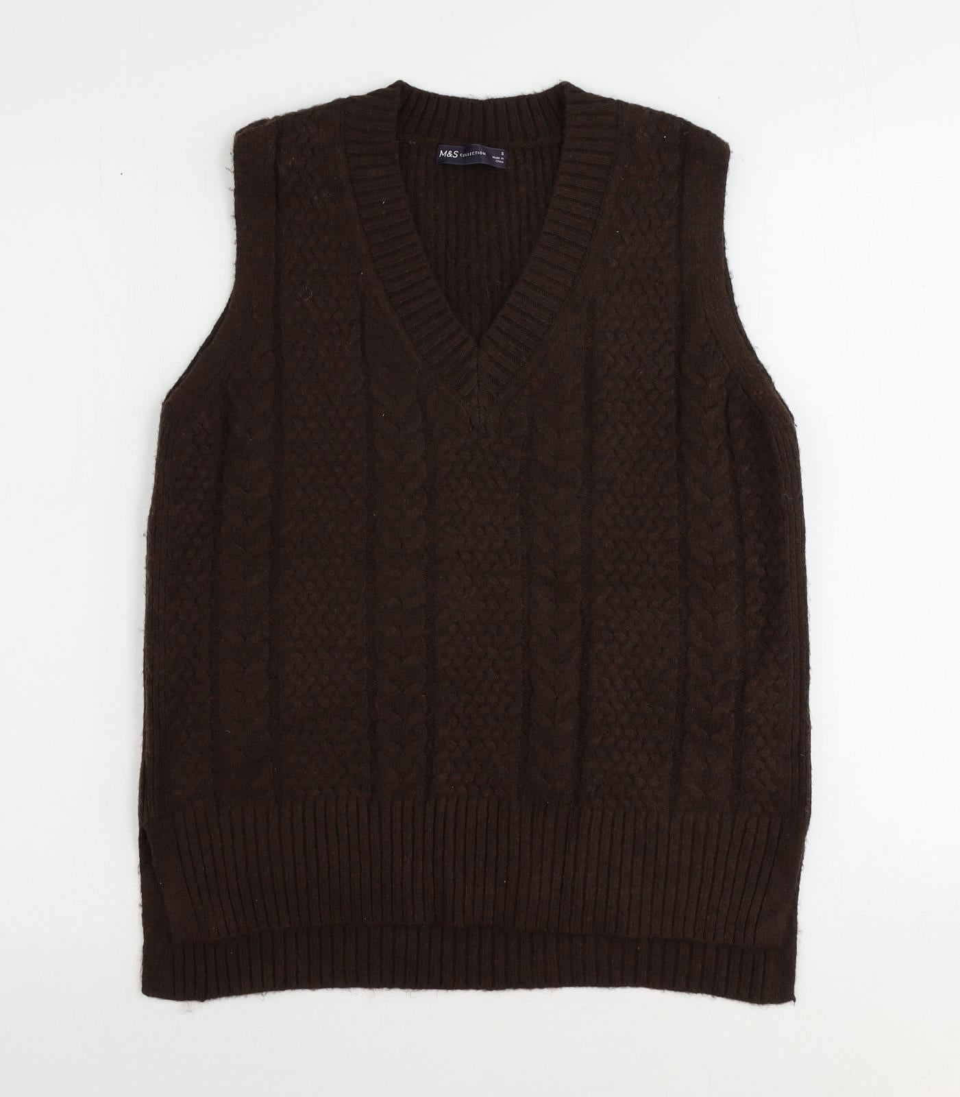 Marks and Spencer Mens Brown V-Neck Polyester Vest Jumper Size S Sleeveless