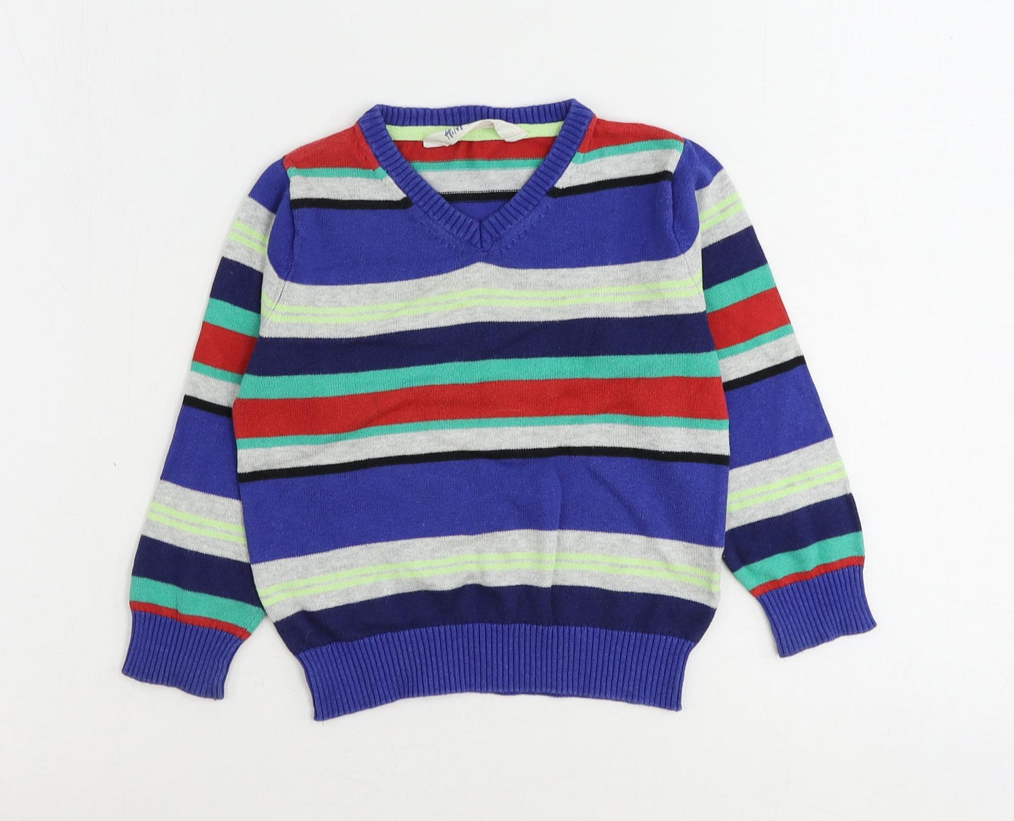 H&M Boys Multicoloured V-Neck Striped Cotton Pullover Jumper Size 2-3 Years Pullover - Age 2-4 Years