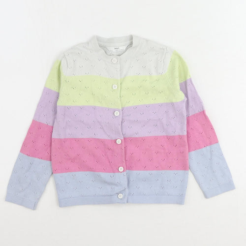Marks and Spencer Girls Multicoloured V-Neck Striped Cotton Cardigan Jumper Size 5-6 Years Button