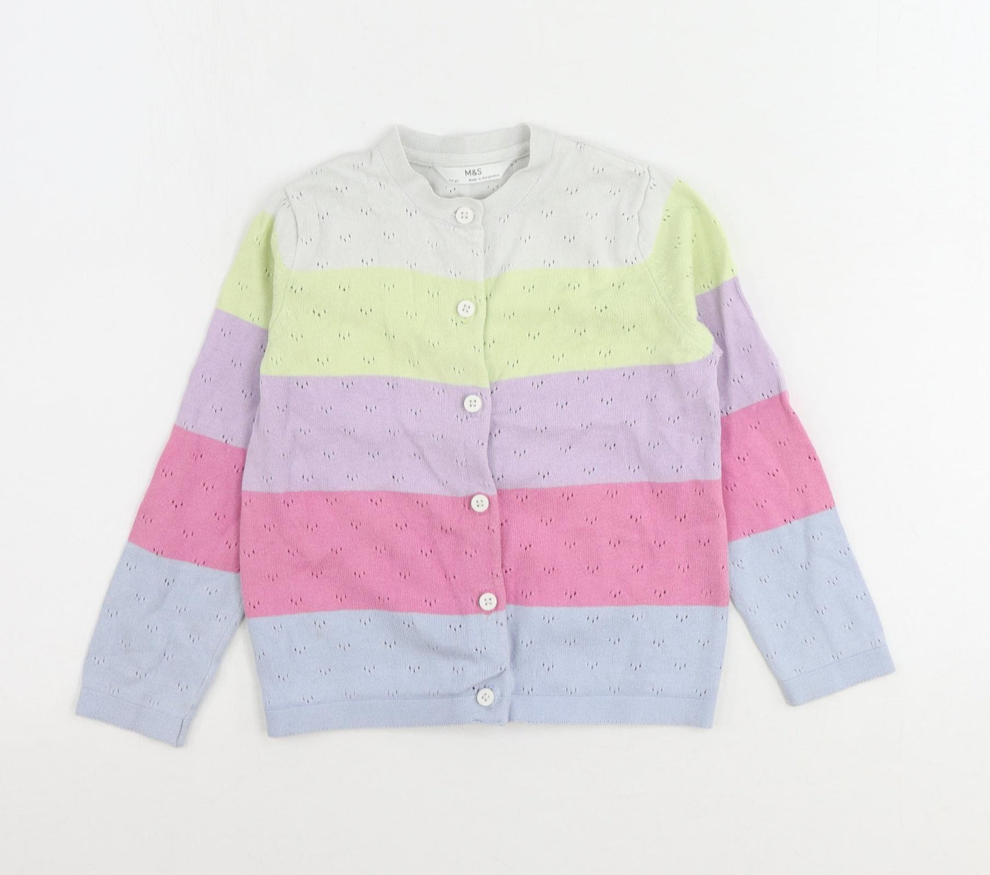 Marks and Spencer Girls Multicoloured V-Neck Striped Cotton Cardigan Jumper Size 5-6 Years Button