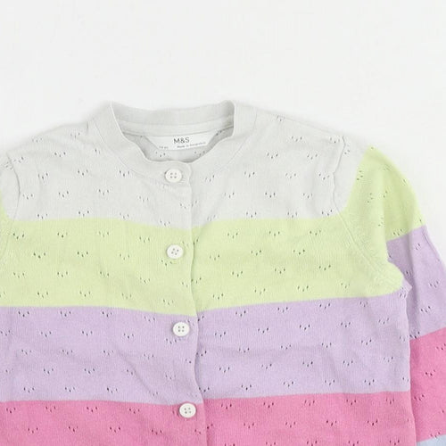 Marks and Spencer Girls Multicoloured V-Neck Striped Cotton Cardigan Jumper Size 5-6 Years Button