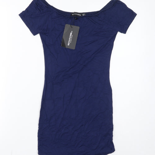 PRETTYLITTLETHING Womens Blue Viscose Bodycon Size 8 Off the Shoulder Pullover